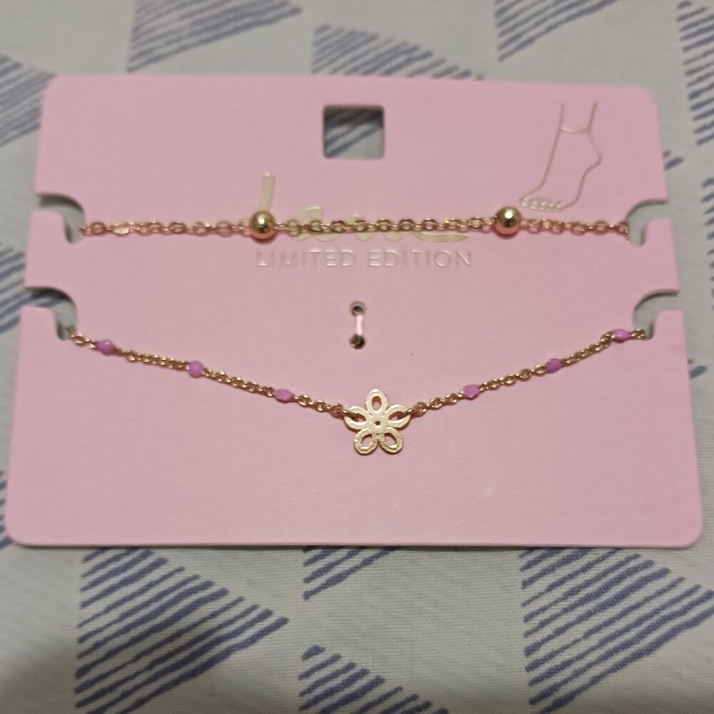 I Am Fashion Jewelry Gold Tone Pink Beaded Flower Charm Layered Anklet Set